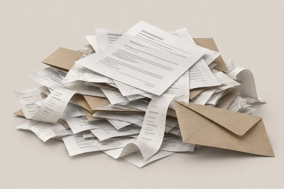 A messy pile of papers, receipts and envelopes